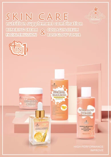 Cosmelab Fornitore 4 in 1 Cura della pelle Collagene viso Vitamina E Siero Lozione idratante Idratante Rose Glow Toner Set per la cura della pelle